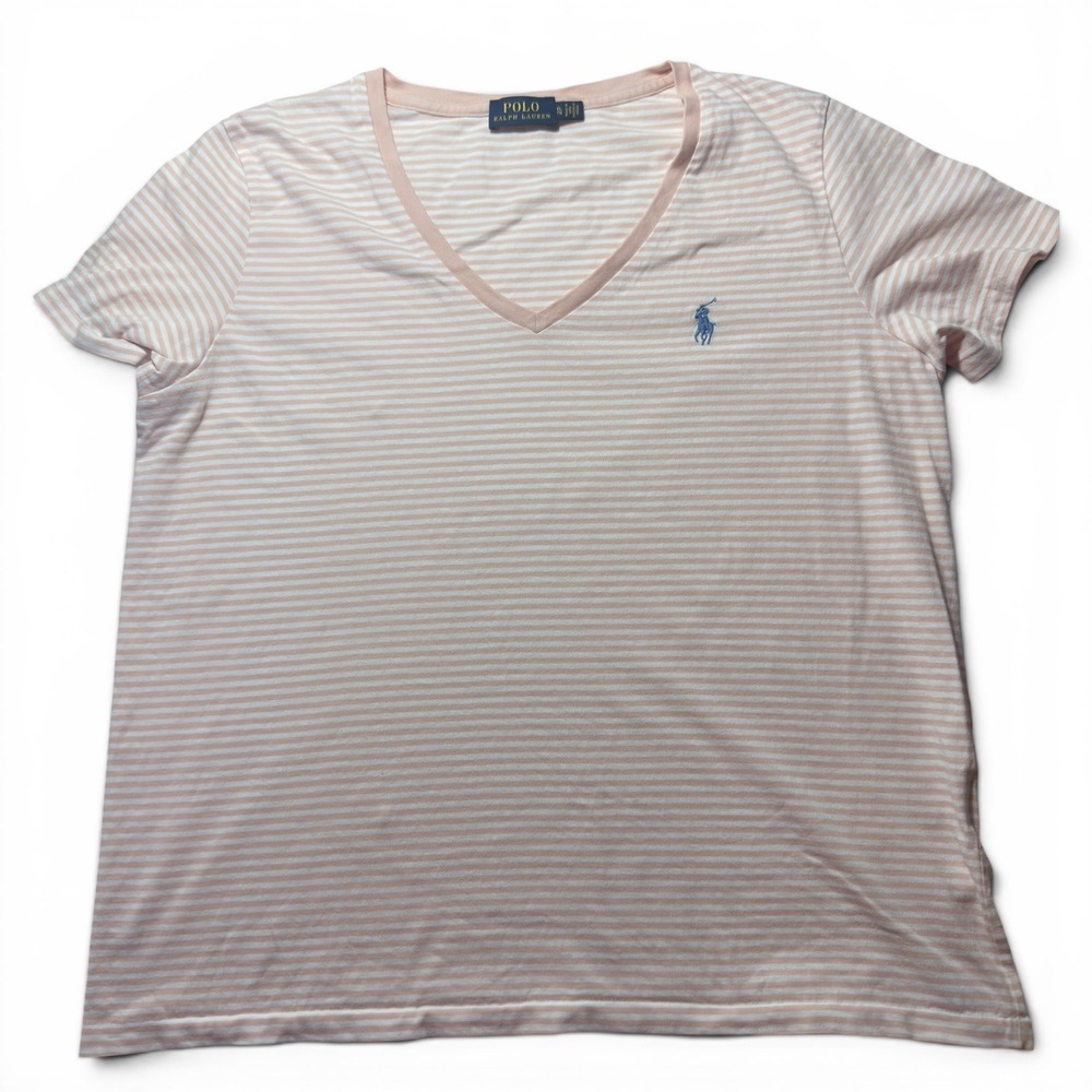 Polo Ralph Lauren Striped V-Neck T-Shirt Pink White Womens XL Short Sleeve Pony
